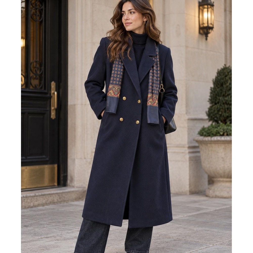 Vintage Navy Wool Blend Long Coat Gold Buttons Scarf Womens 20W NWT Forecaster